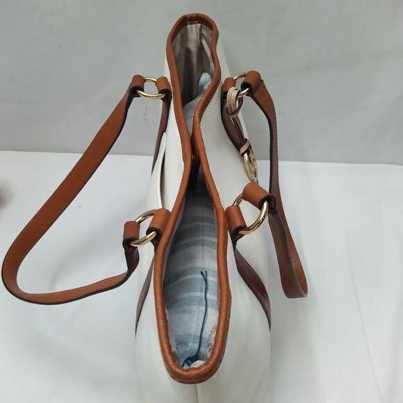 Michael Kors Jet Set Ivory Canvas Leather Trim Double Handles Tote Bag - Picture 10 of 16